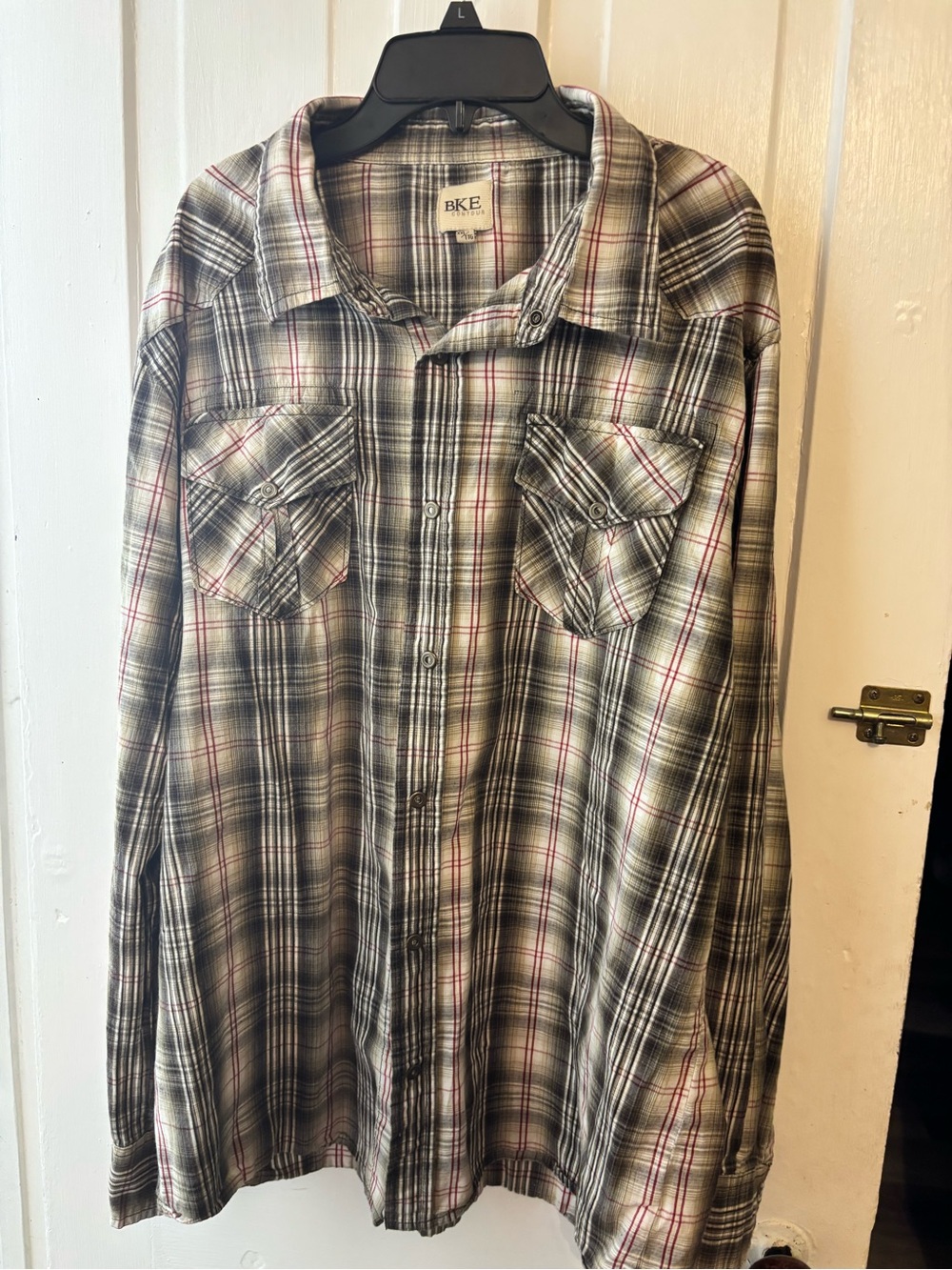 BKE Gray Plaid Button-Down Shirt with Red Stripes